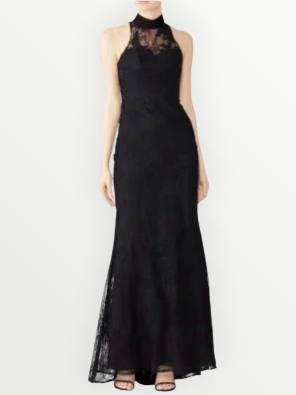 BADGLEY MISCHKA Black Column Gown Lace Dress Sleeveless Halter Maxi Dress 4